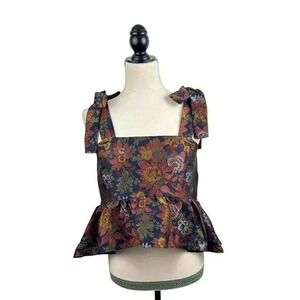 Moodie Kathleen Jacquard‎ Peplum Top Square Neck Tie Shoulder Cottage Core S